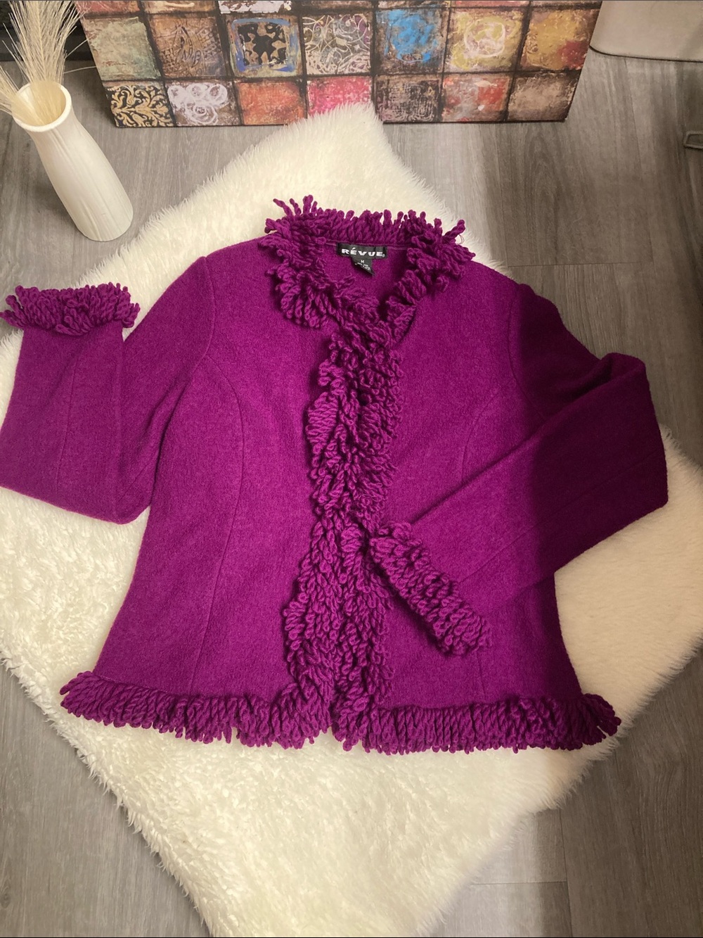REVUE Magneta Purple Boiled Wool Fringe Shawl Collar Blazer Boho Size M